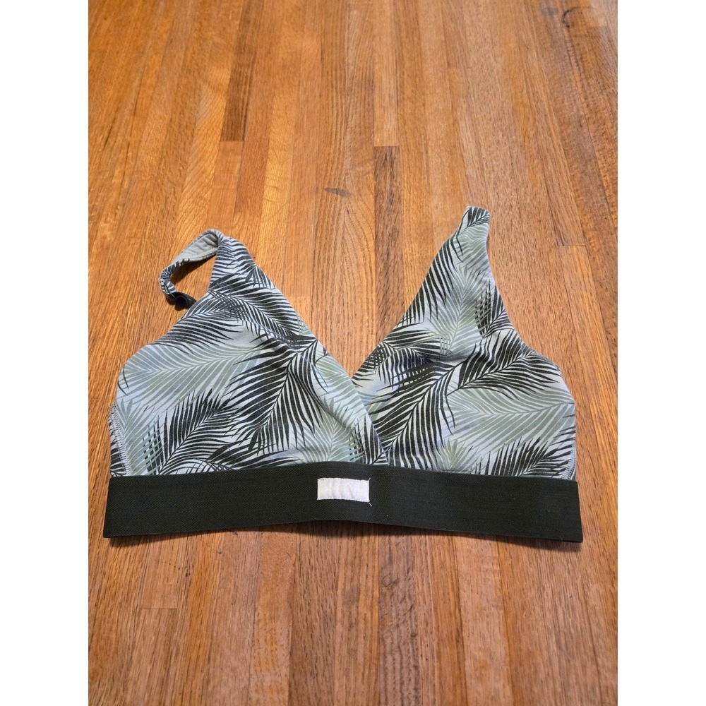 Kindly Yours Women Large Hunter Green Gray Tropical Palm Wireless Bralette 40034